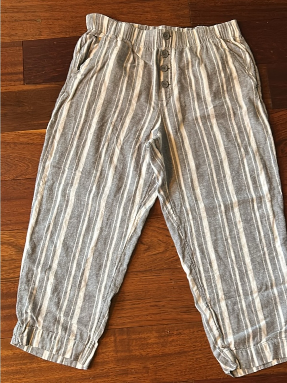 LOFT Gray & White Striped Wide-Leg Pull-On Pants